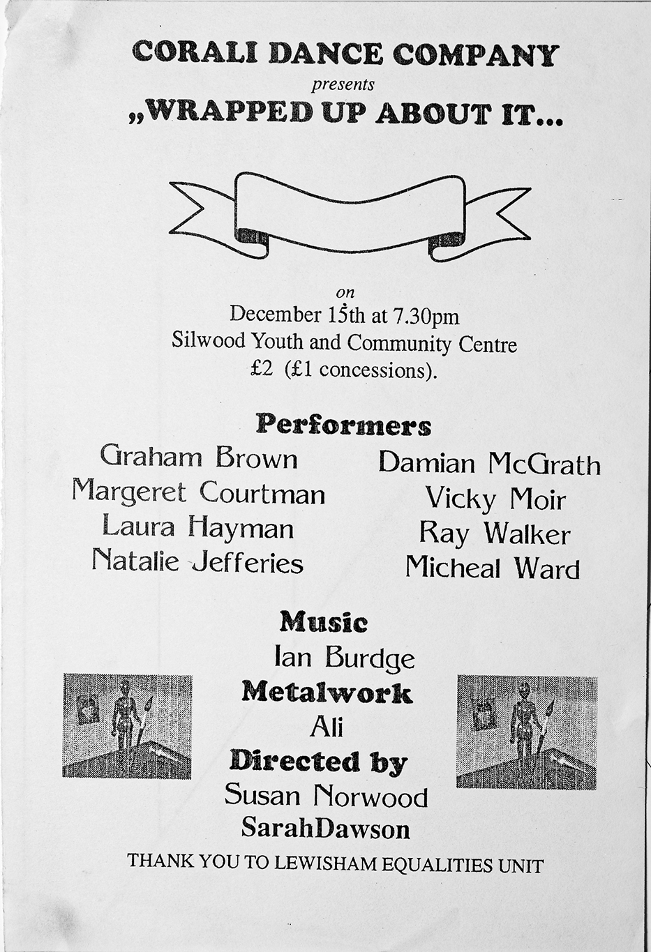 Poster for Wrapped Up About It, and Self Portraits 1993 by Corali Dance Company featuring a drawing maquette, a photograph of a group of ballet dancers with heads titled in one direction and a street map of Bermondsey